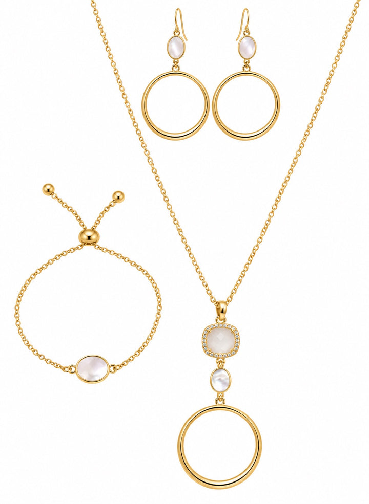 Christy Jean 3 pc Set Mother of Pearl & Quartz Necklace, Bracelet and Earrings