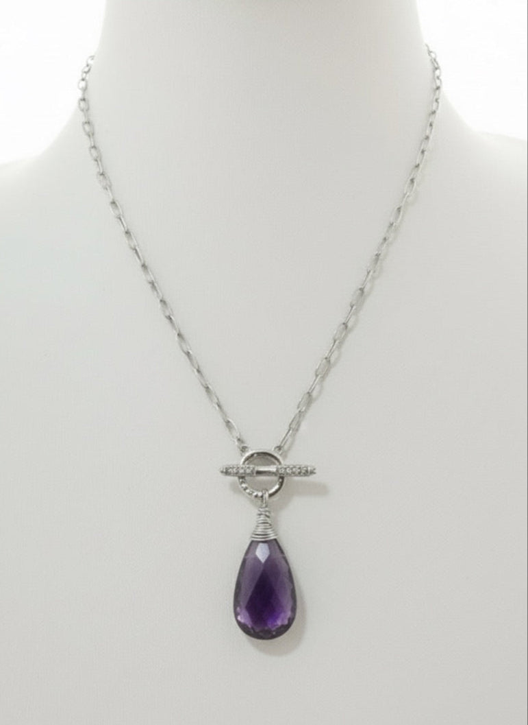 Annie Gemstone Toggle CZ Necklace -Silver