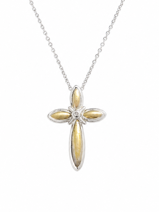 14K Gold Accent Cross Necklace in Sterling Silver