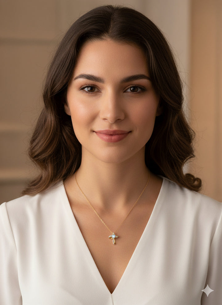 Blue Topaz Heart Cross Necklace in Sterling Silver