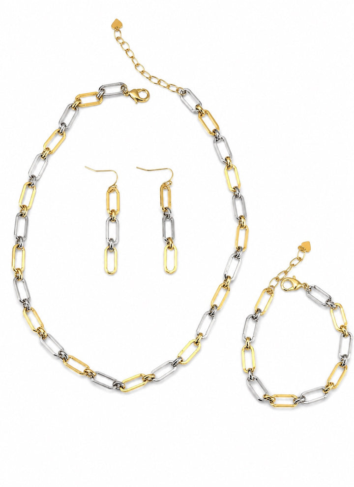 Christy Jean Two-Tone Paperclip Link Jewelry Set -Necklace, Bracelet, Earrings