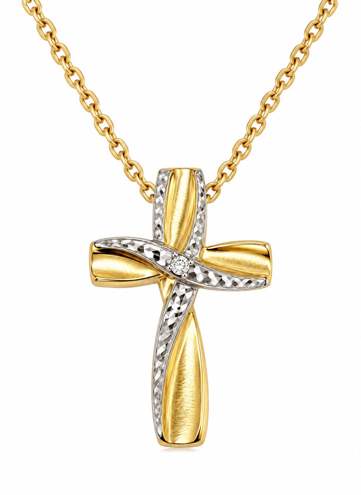 14K Gold Accent Cross Necklace in Sterling Silver