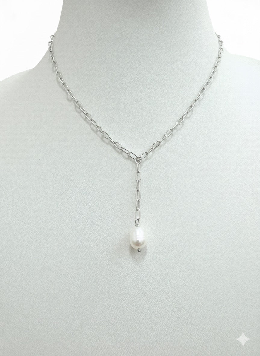 Devi Pearl Paper Clip Y Necklace Gold and Silver