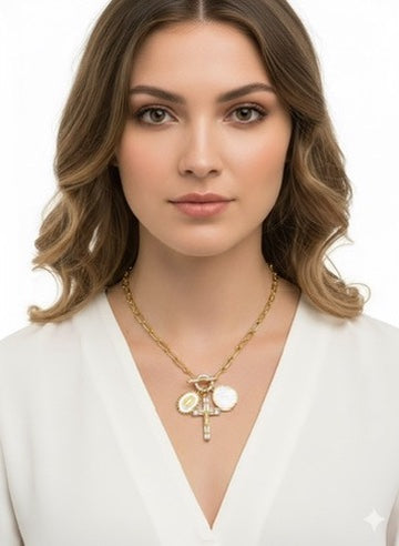 Cross Toggle Necklace 3 charms -Gold