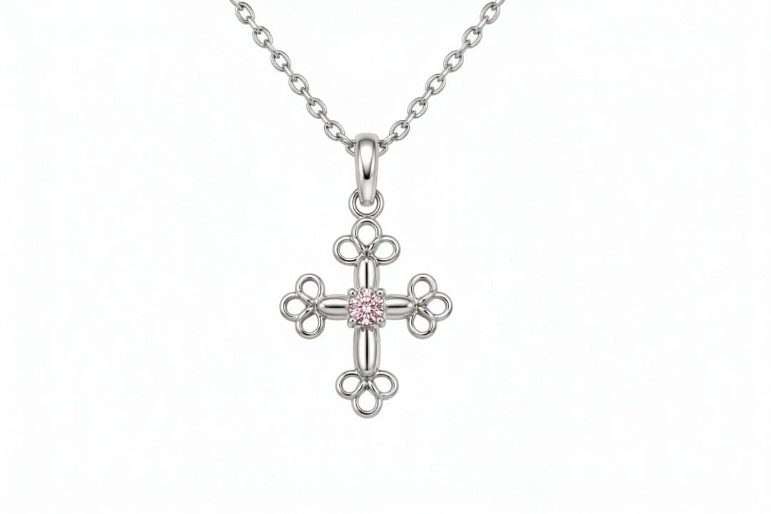 Cross Necklace in Sterling Silver with pink CZ