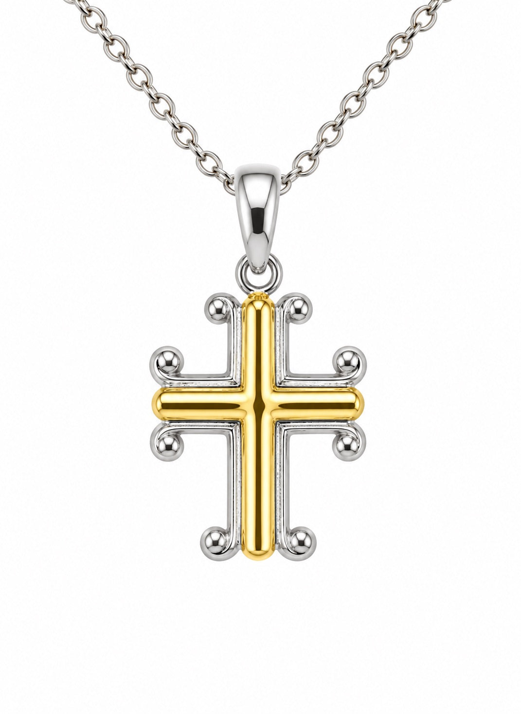 14K Gold Accent Cross Necklace in Sterling Silver