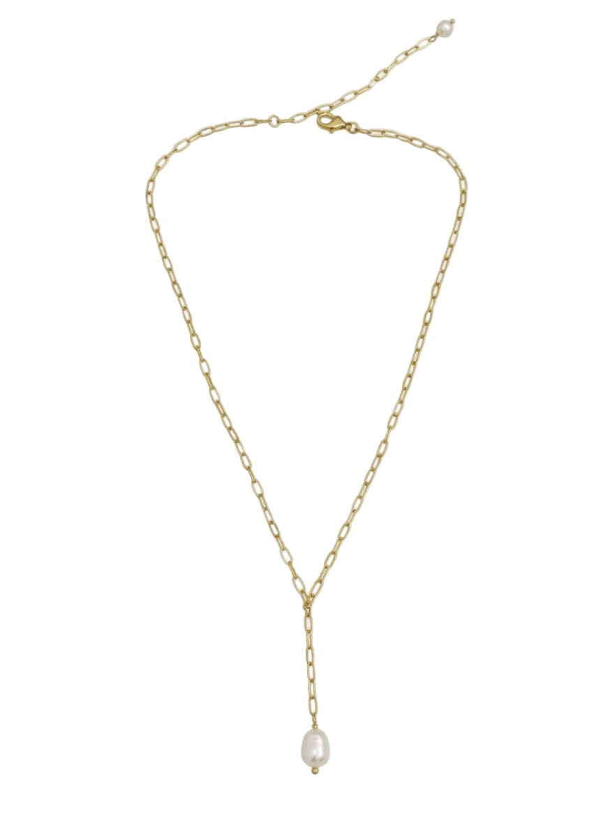 Gold necklace with a pearl pendant on a white background