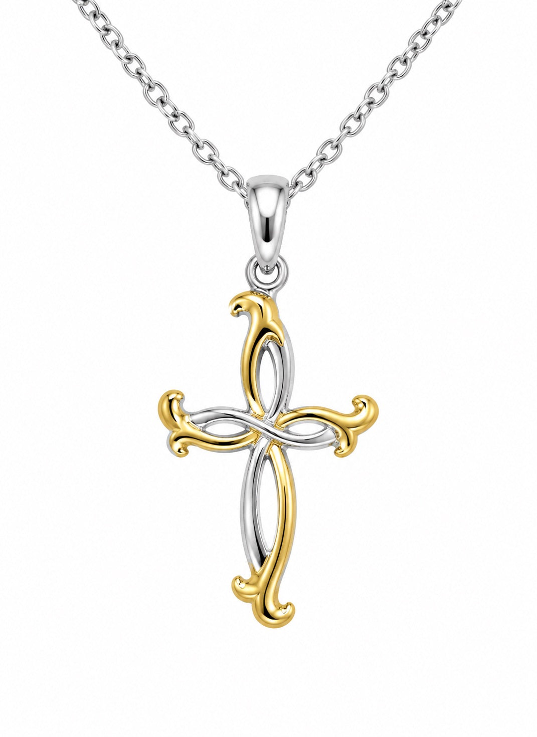 14K Gold Accent Cross Necklace in Sterling Silver