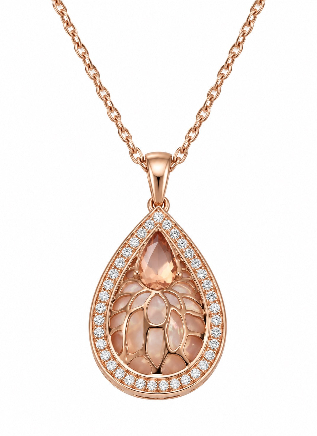 Sterling Silver 18K Rose Gold plated necklace with Rose quartz center and created white Sapphires by Morgan & Paige