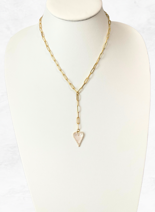 Heart and Pearl Pave Y Necklace Gold