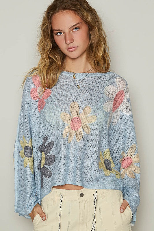 POL Flower Dropped Shoulder Long Sleeve Knit Top