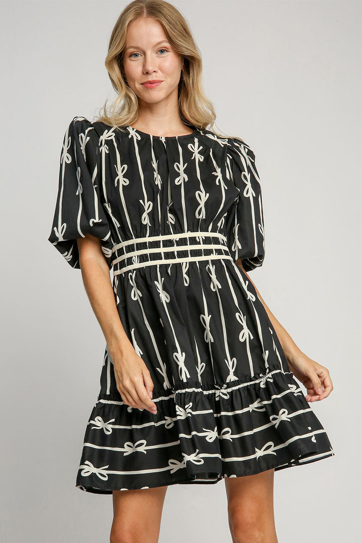 Umgee Ribbon Print Frill Contrast Velvet Trim Half Sleeve Dress