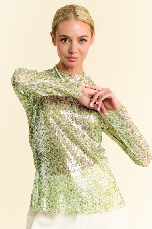 Davi & Dani Sequin Mock Neck Long Sleeve Mesh Top