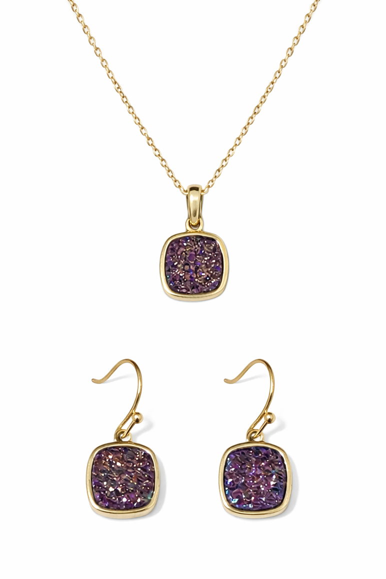 Christy Jean Square Pendant & Earrings in Gold 2pc set