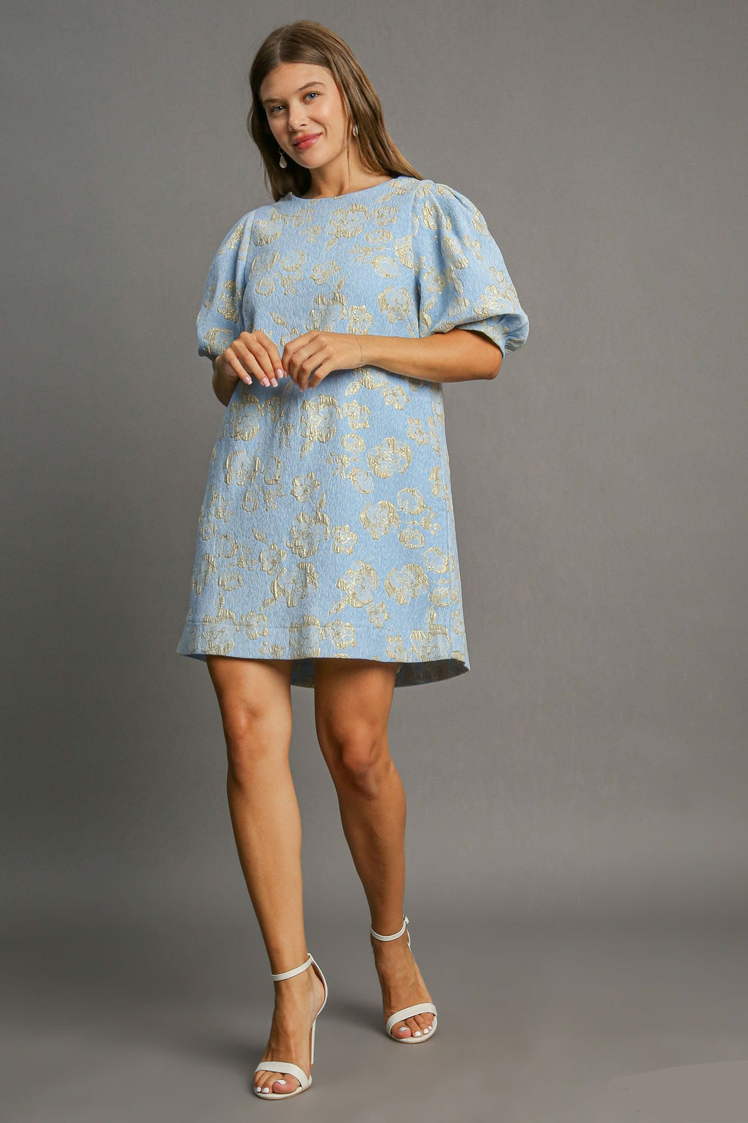 Umgee Floral Jacquard Puff Sleeve Mini Dress