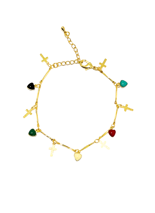 Faith and Hearts Bracelet – a fun and versatile 18K gold-plated brass bracelet featuring colorful enamel hearts. Available in multiple sizes: Small (6.5” + 2” extender), Medium (7.0” + 2” extender), and Large (8.0” + 2” extender), with a total length of 15” + 3” extender. A stylish and meaningful accessory for everyday wear.