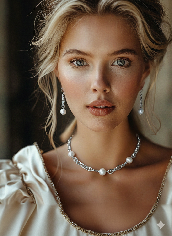 Mariner Freshwater Pearl Necklace & Earrings 2 pc Set Silver