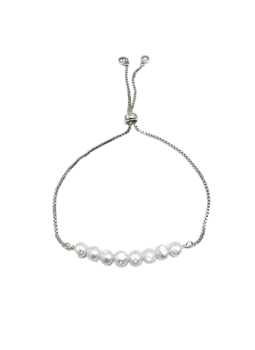 Ella Adjustable Bracelet in Silver – a dainty genuine freshwater pearl bracelet featuring 8mm pearls on a platinum-plated brass chain with an adjustable slider. Fits wrist sizes from 6.5” to 9.0”, perfect for layering or wearing solo for an elegant touch.