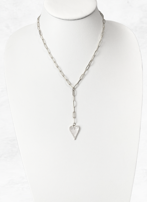 Heart and Pearl Pave Y Necklace Silver