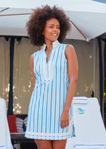 Woman wearing Blue Stripe Sleeveless Tunic Dress.