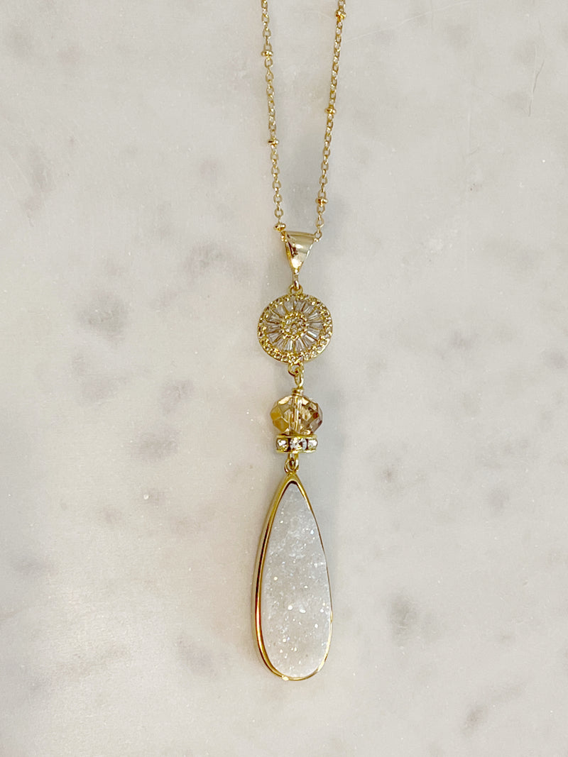 Teardrop Druzy and Crystal Necklace in White