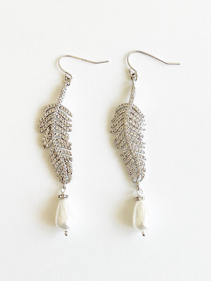 Abi Pave Feather Earrings Pearl Drop-Silver