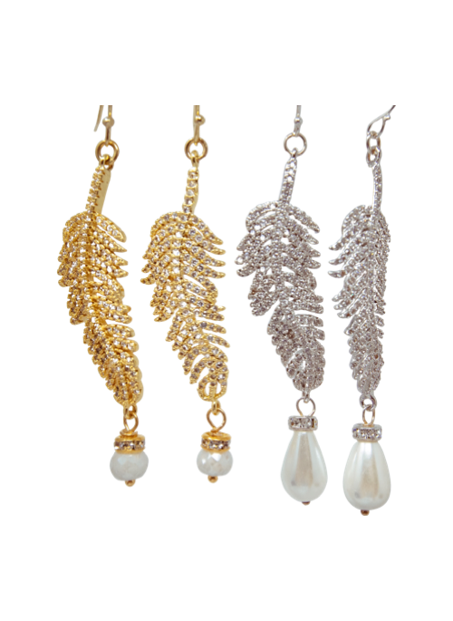 Abi Pave Feather Earrings Pearl Drop-Silver